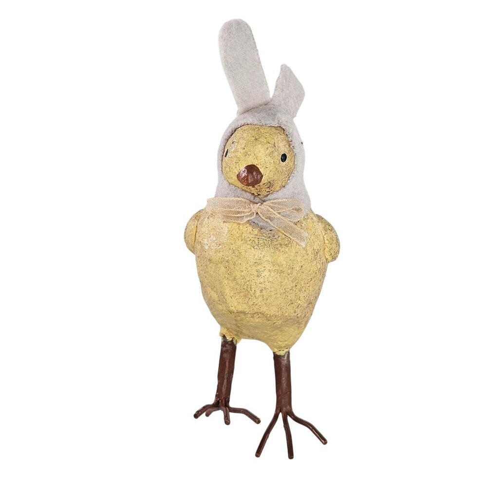 Vintage Easter Yellow Chick Figurine Bunny Ears Ribbon Bow Rustic Spring Decor